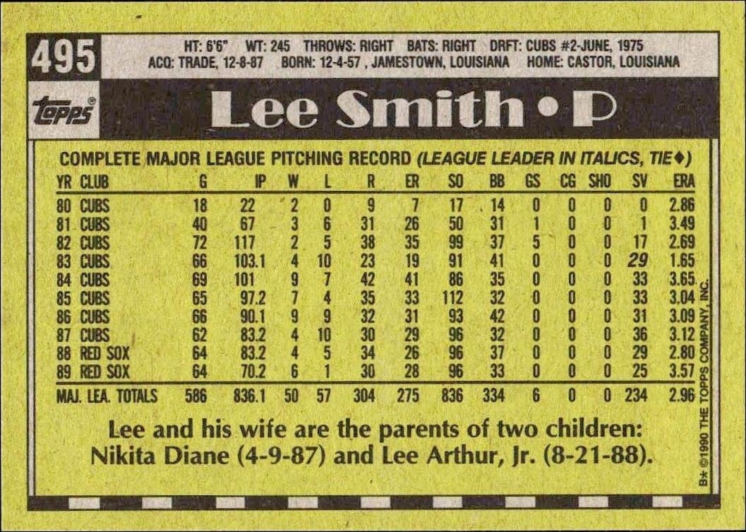 1990 Topps Lee Smith #495 baseball trading card back