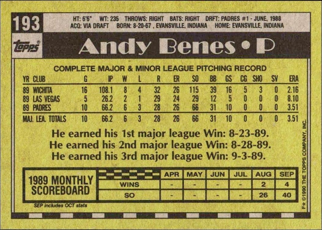 1990 Topps Andy Benes #193 baseball trading card back