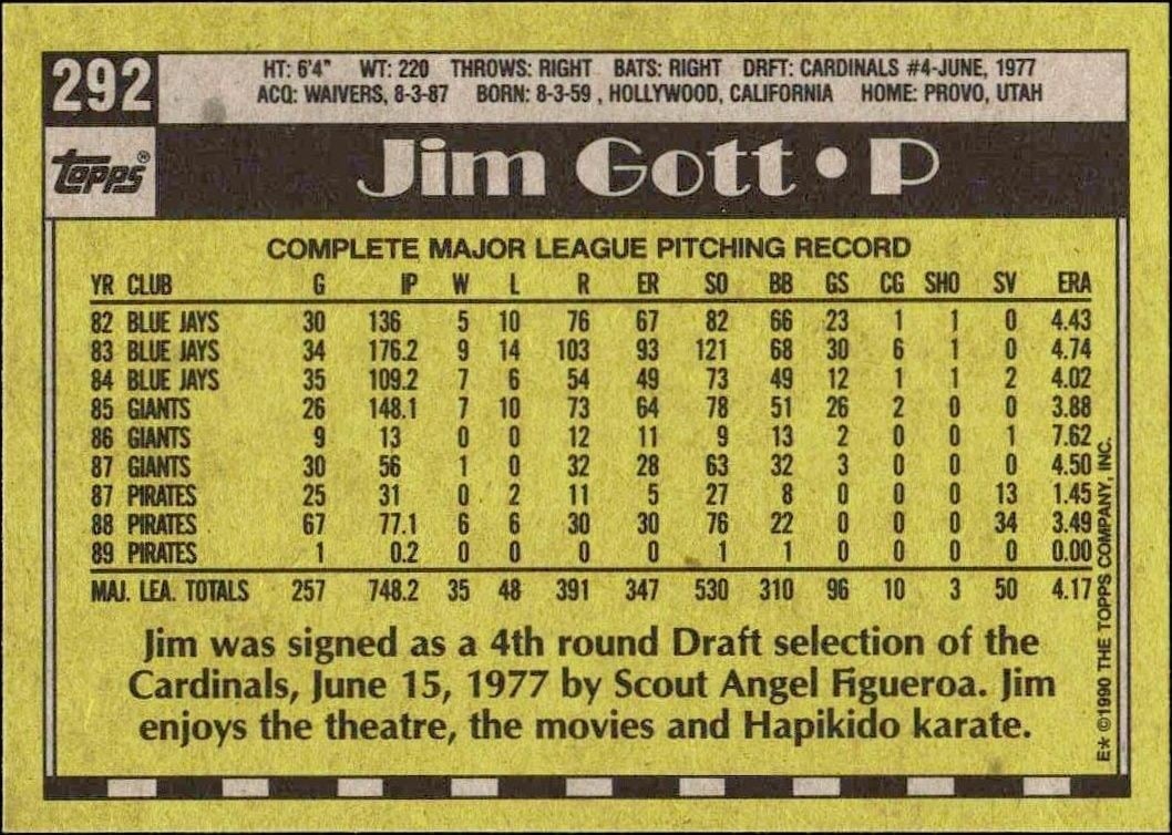 1990 Topps Jim Gott #292 baseball trading card back