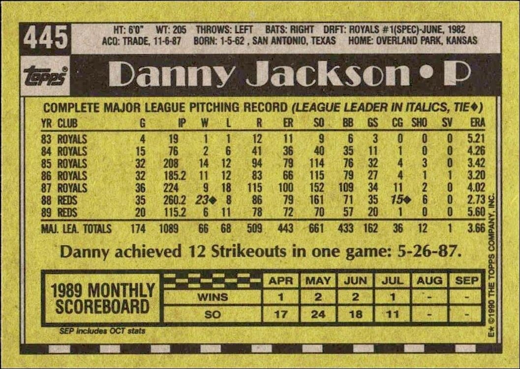 1990 Topps Danny Jackson #445 baseball trading card back