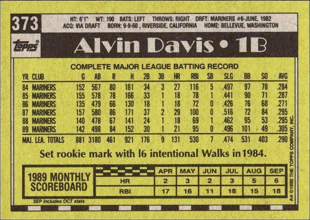 1990 Topps Alvin Davis #373 baseball trading card back