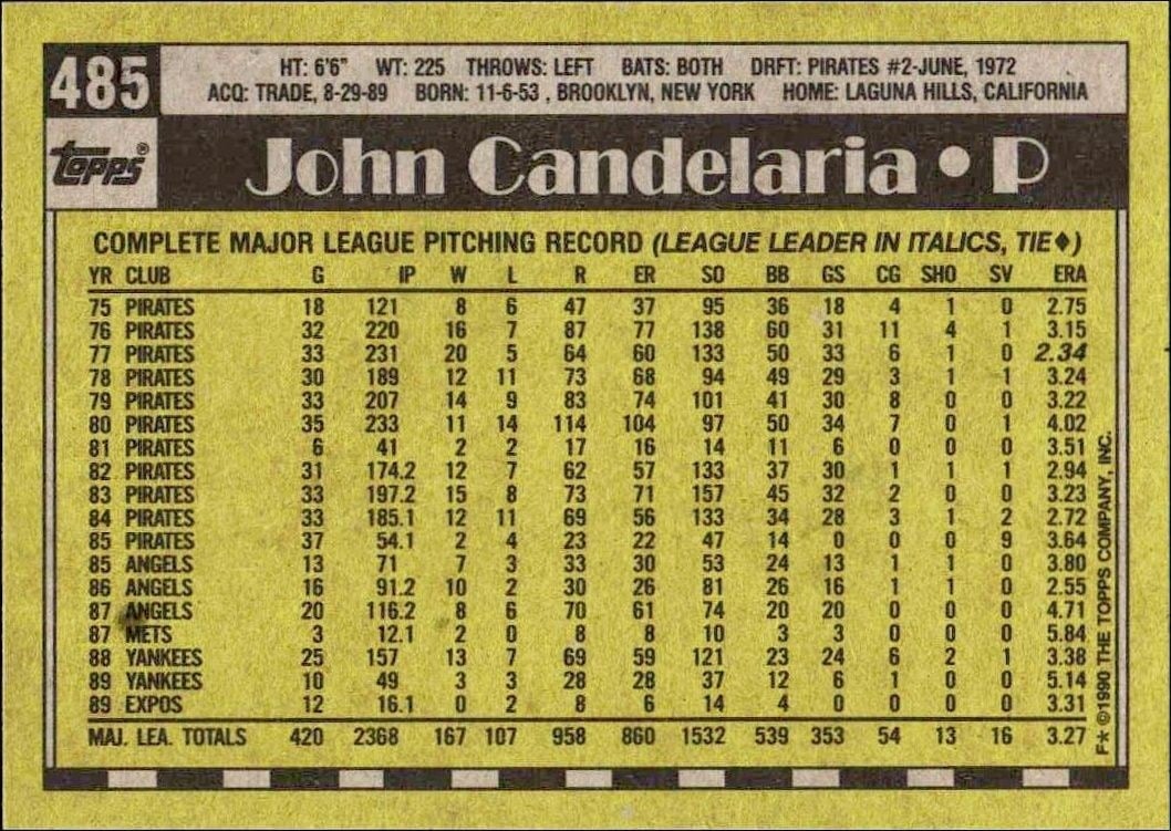 1990 Topps John Candelaria #485 baseball trading card back