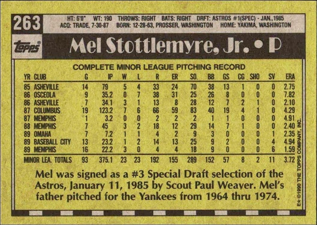 1990 Topps Mel Stottlemyre, Jr. #263 baseball trading card back