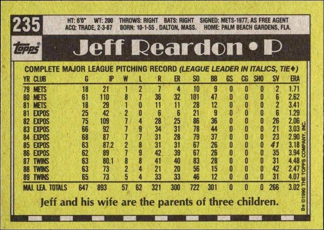 1990 Topps Jeff Reardon #235 baseball trading card back