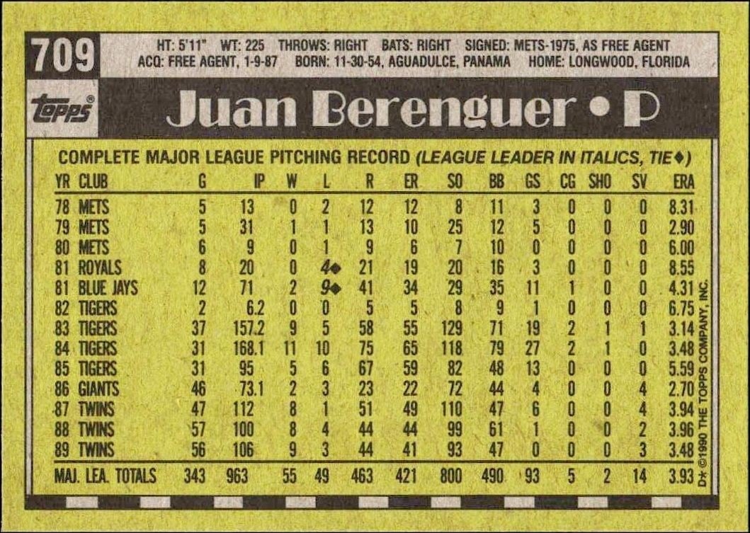 1990 Topps Juan Berenguer #709 baseball trading card back