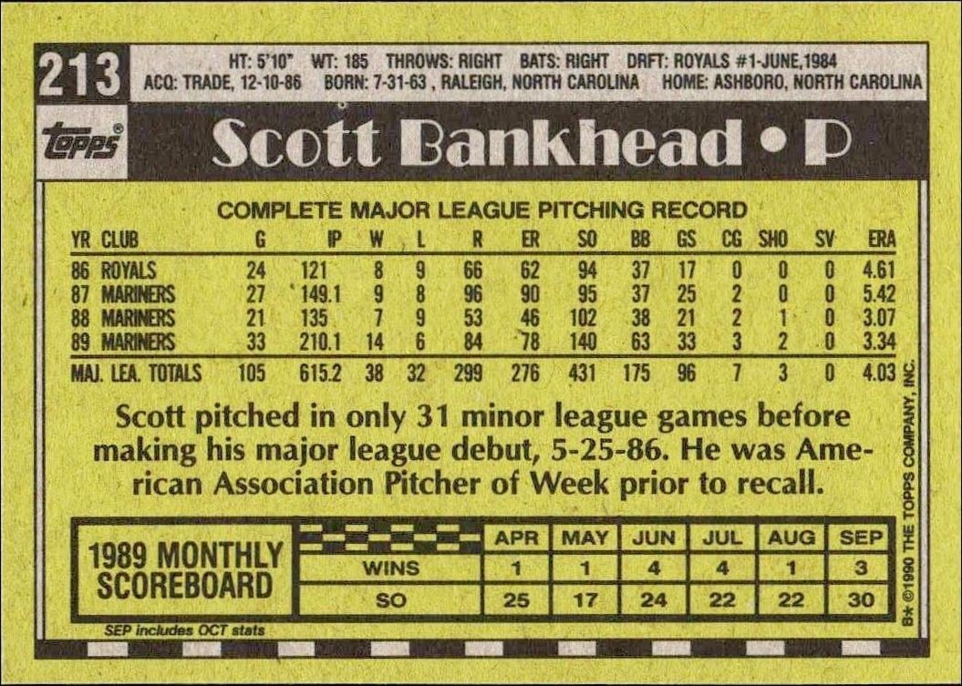 1990 Topps Scott Bankhead #213 baseball trading card back