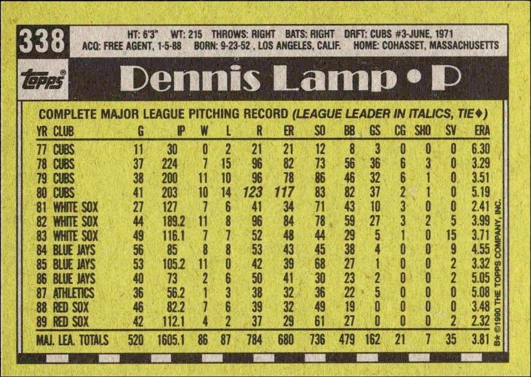 1990 Topps Dennis Lamp #338 baseball trading card back