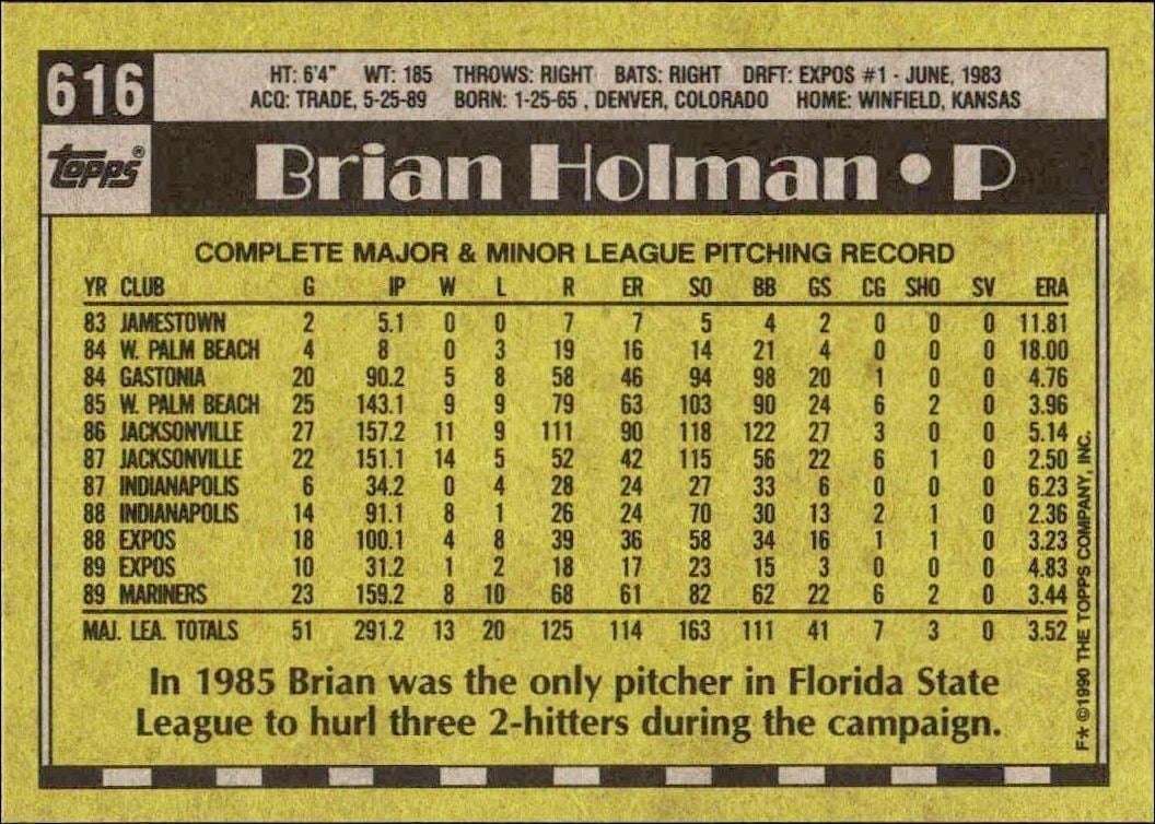 1990 Topps Brian Holman #616 baseball trading card back