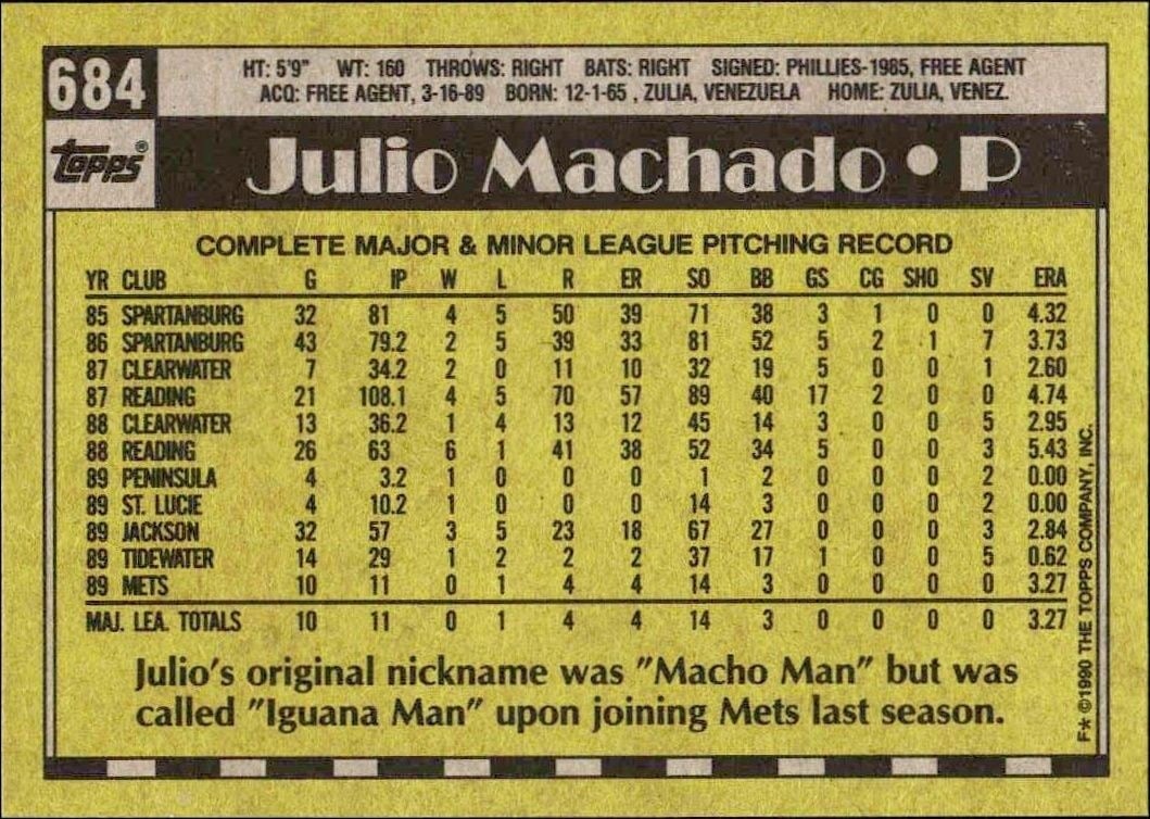 1990 Topps Julio Machado #684 baseball trading card back