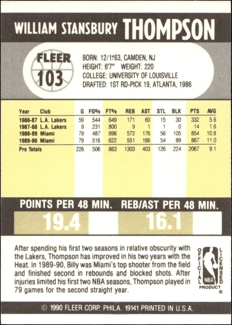 1990-91 Fleer Billy Thompson #103 basketball trading card back