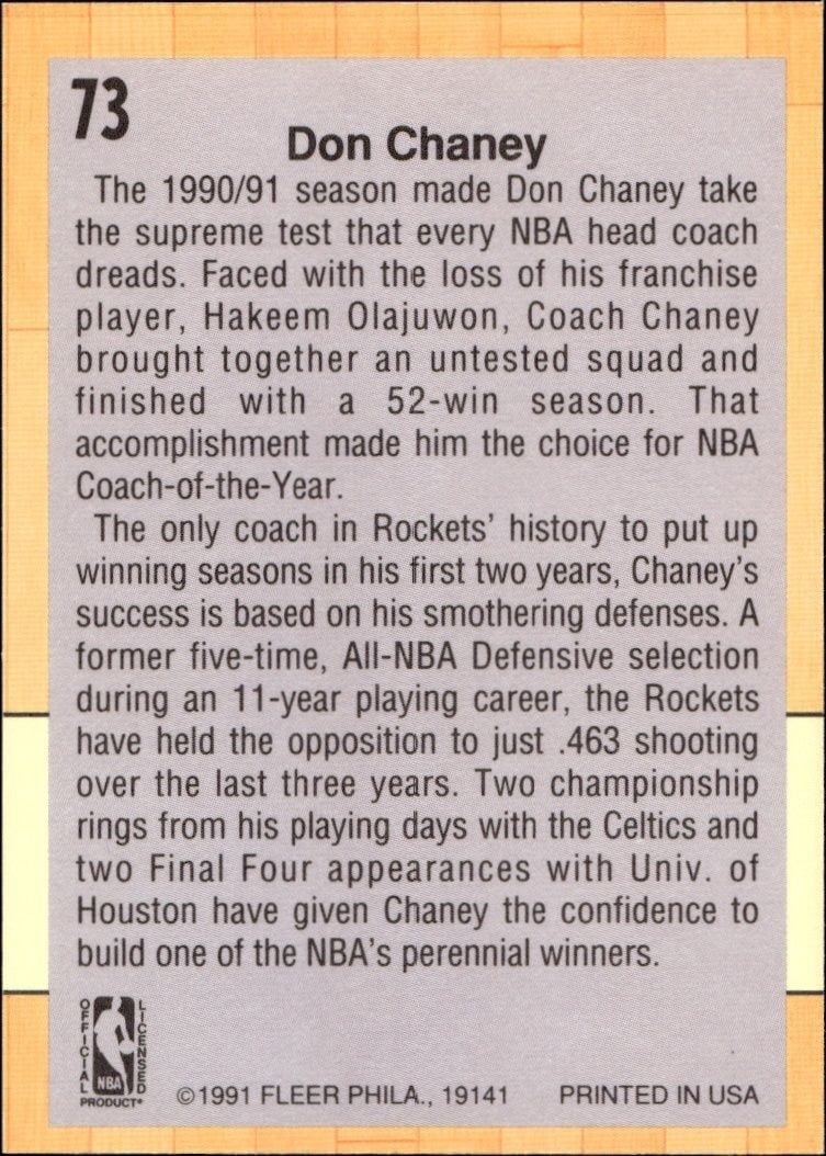 1991-92 Fleer Don Chaney #73 basketball trading card back