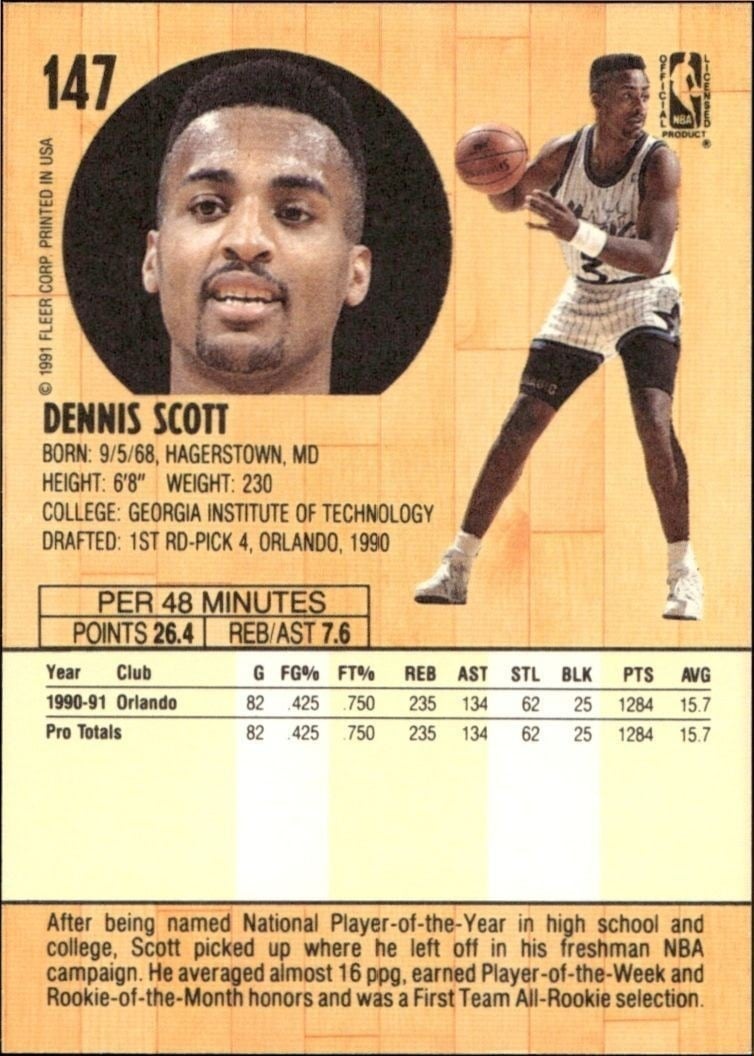 1991-92 Fleer Dennis Scott #147 basketball trading card back