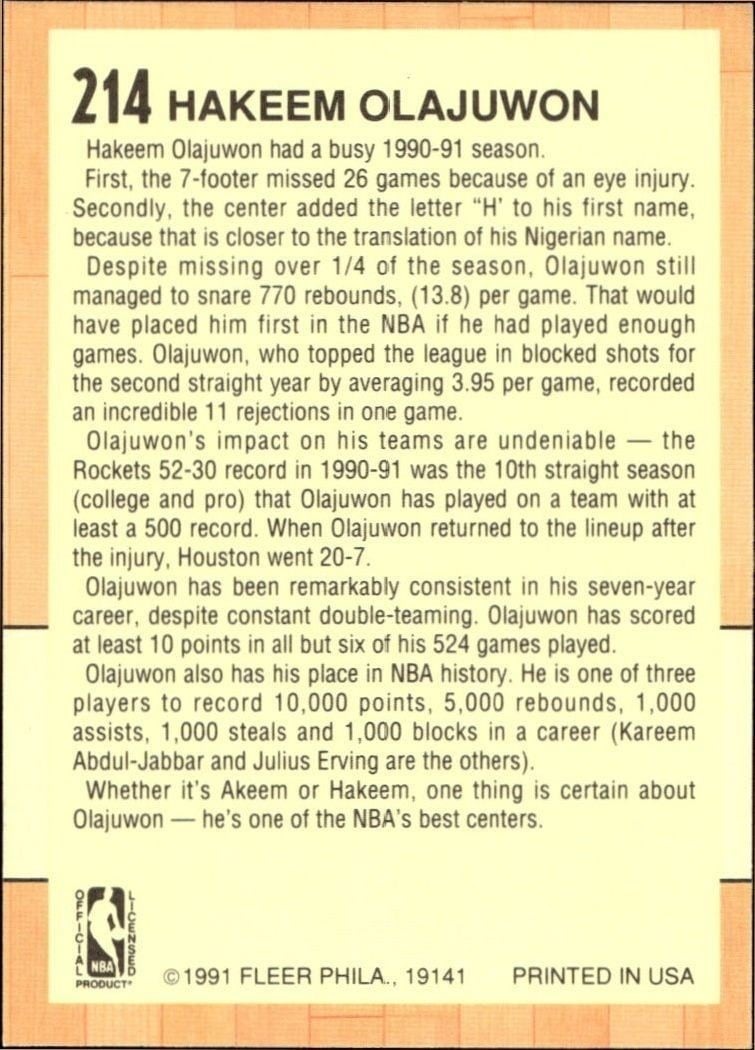 1991-92 Fleer Hakeem Olajuwon #214 basketball trading card back