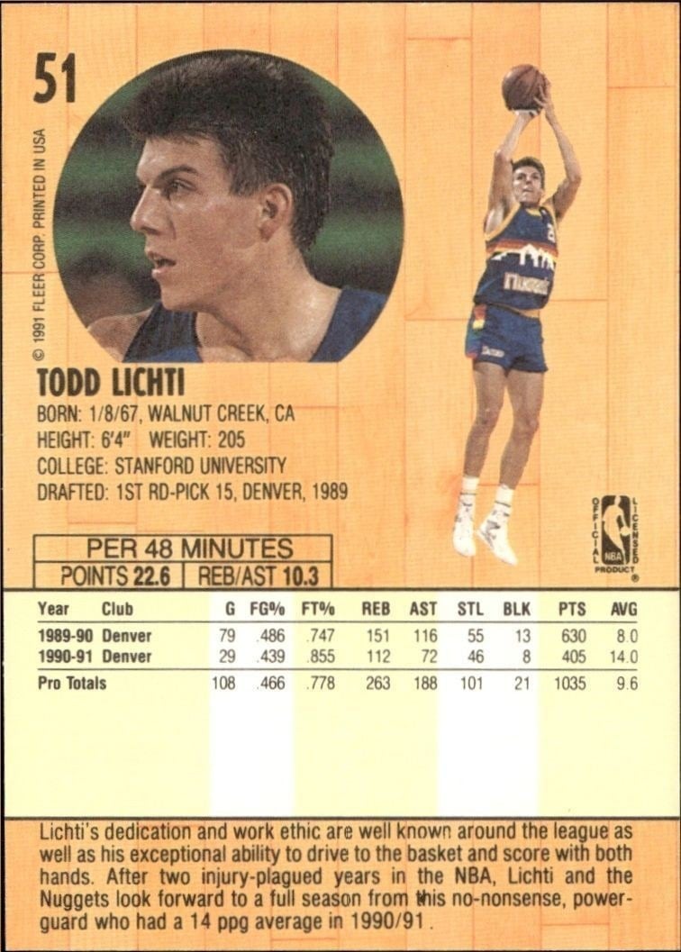 1991-92 Fleer Todd Lichti #51 basketball trading card back