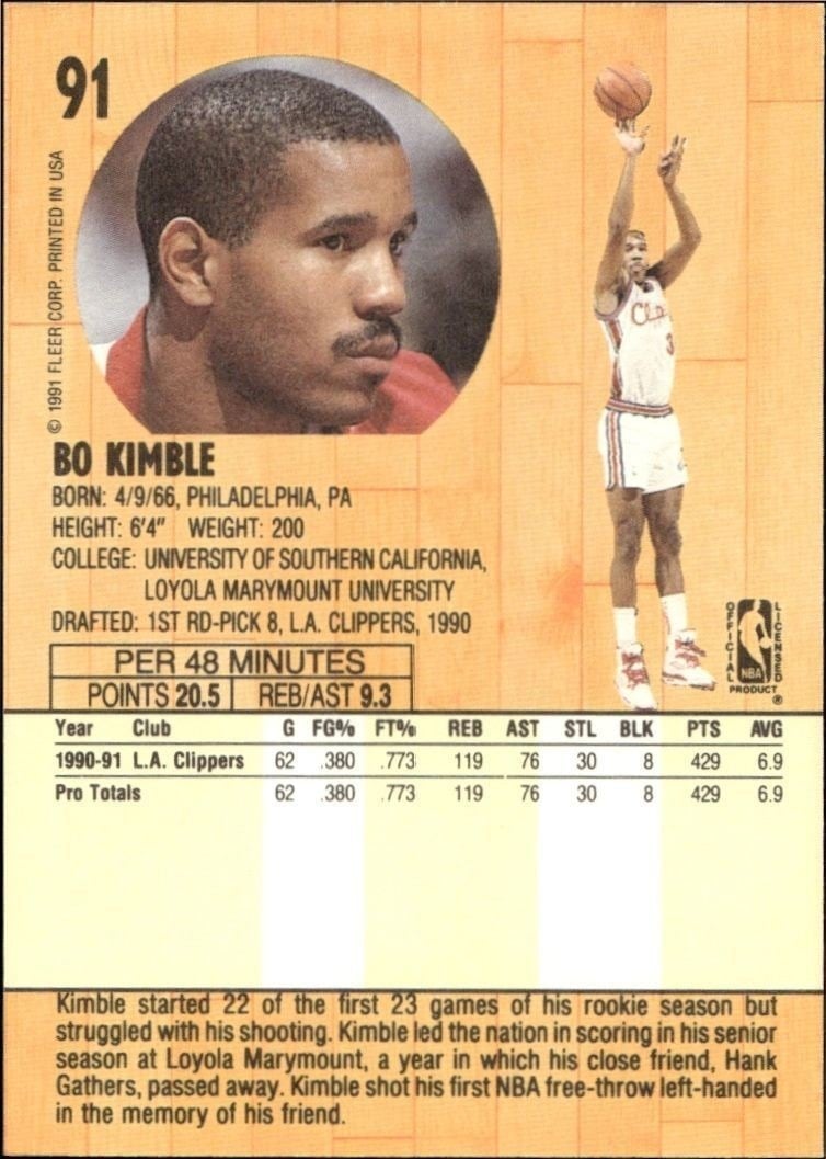 1991-92 Fleer Bo Kimble #91 basketball trading card back