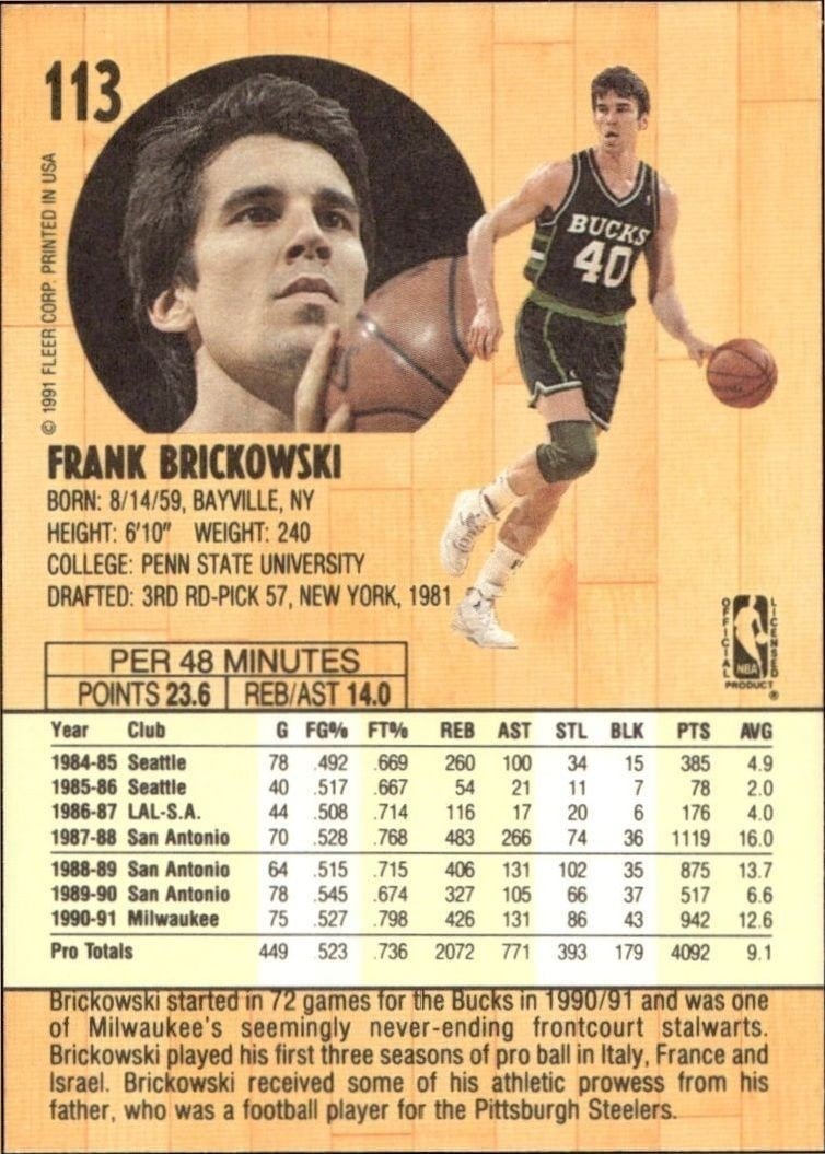 1991-92 Fleer Frank Brickowski #113 basketball trading card back