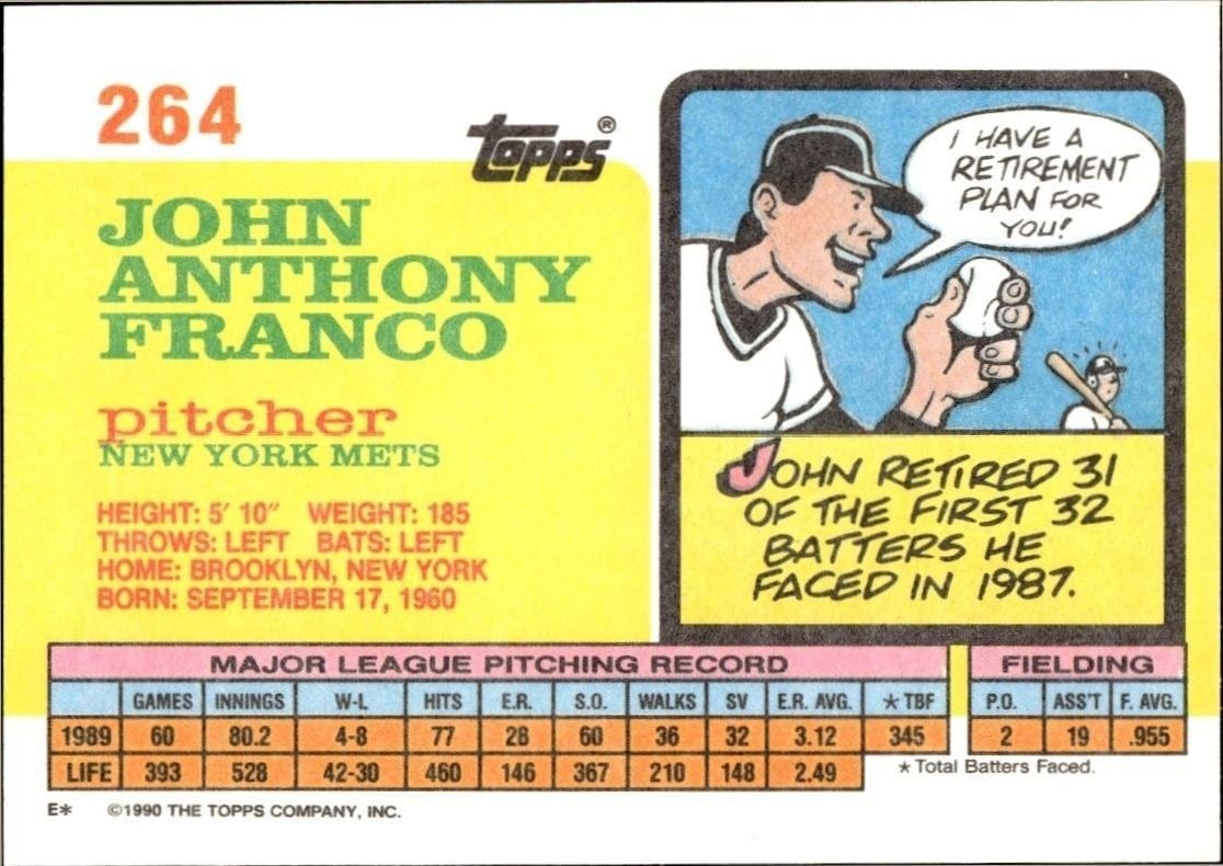 1990 Topps Big John Franco #264 baseball trading card back