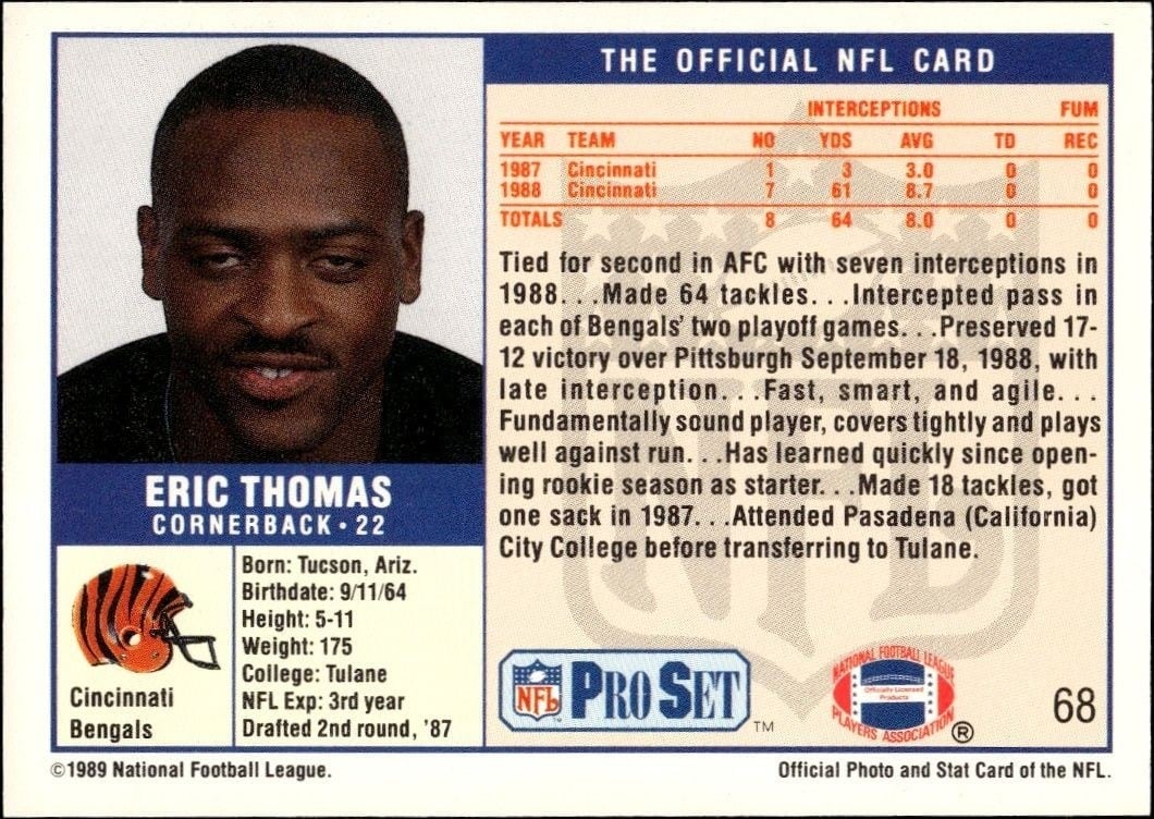 1989 Pro Set Eric Thomas #68 football trading card back