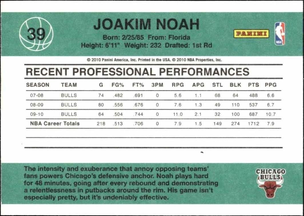 2010-11 Panini Donruss Joakim Noah #39 basketball trading card back