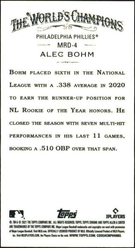 2021 Topps Allen & Ginter Chrome Alec Bohm #MRD-4 baseball trading card back