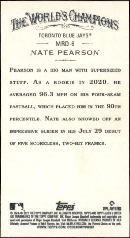 2021 Topps Allen & Ginter Nate Pearson #MRD-6 baseball trading card back