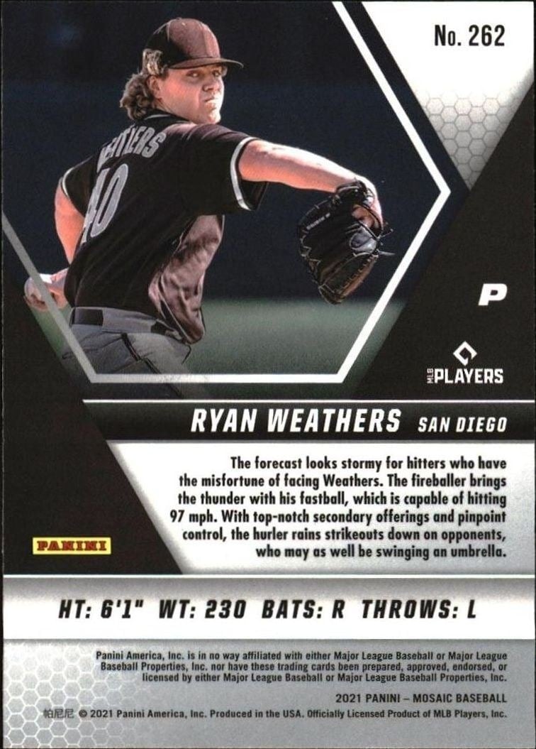 2021 Panini Mosaic Ryan Weathers #262 baseball trading card back