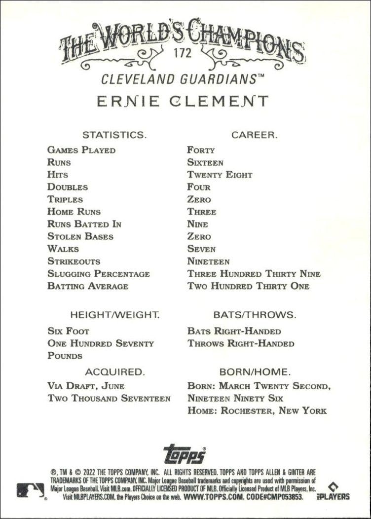 2022 Topps Allen & Ginter Ernie Clement #172 baseball trading card back