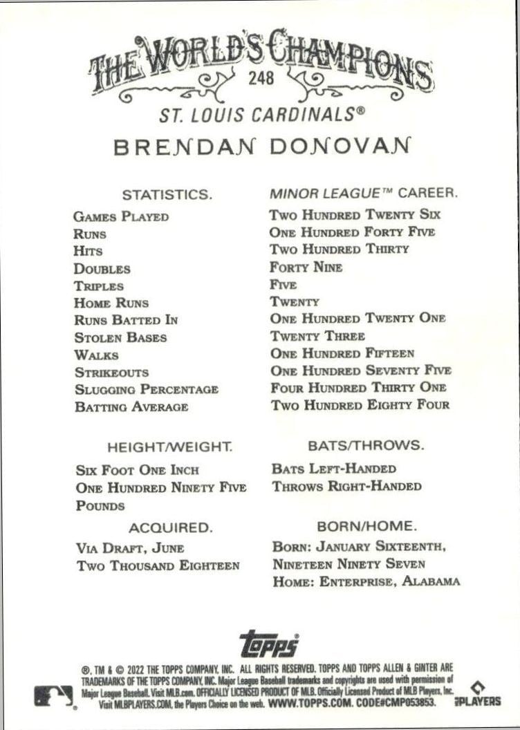 2022 Topps Allen & Ginter Brendan Donovan #248 baseball trading card back