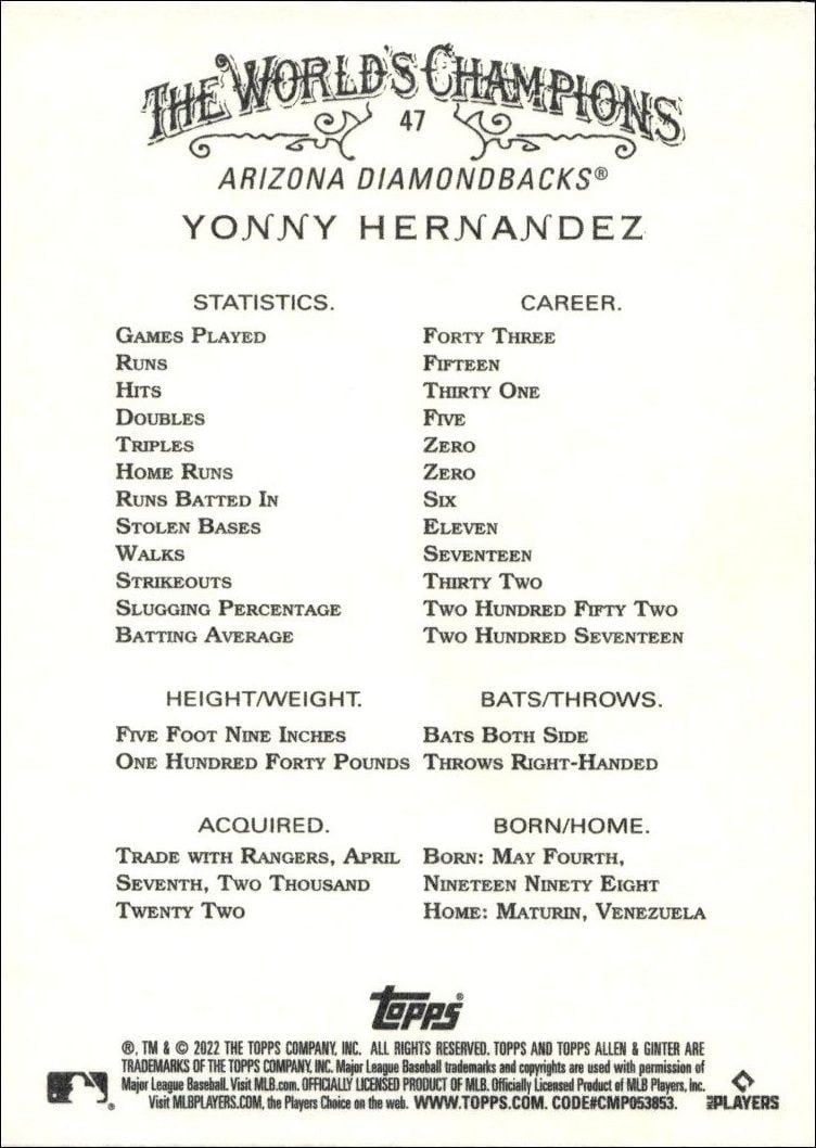 2022 Topps Allen & Ginter Yonny Hernandez #47 baseball trading card back