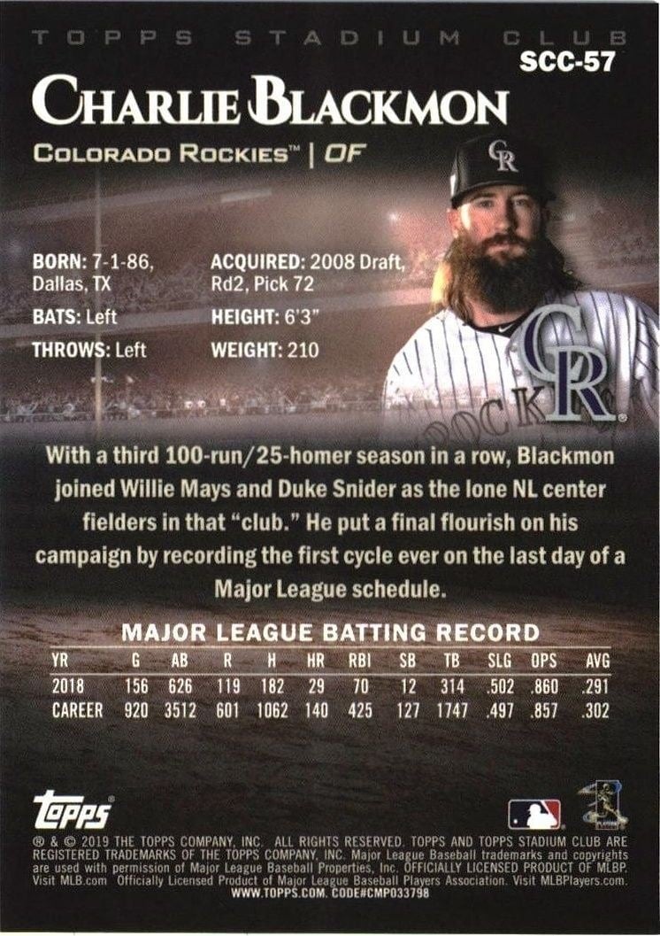 2019 Topps Stadium Club Chrome Charlie Blackmon #SCC-57 baseball trading card back