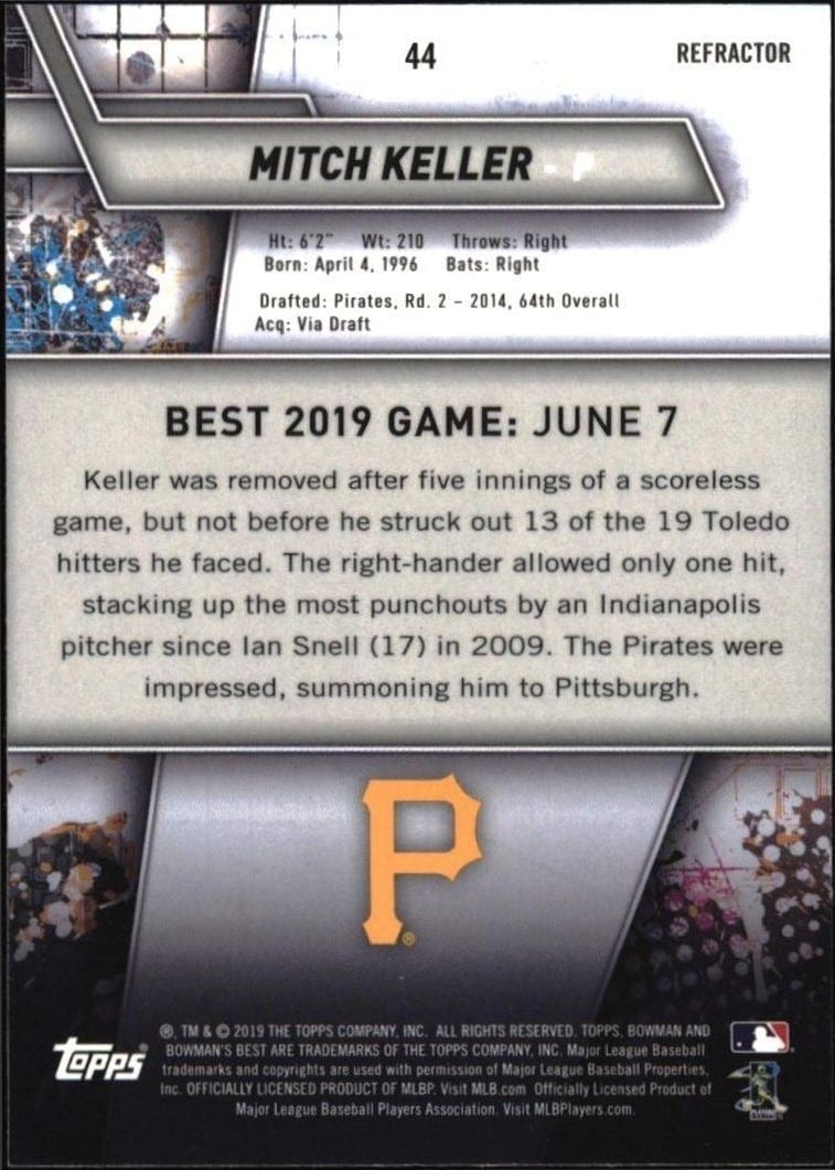 2019 Bowman Bowman's Best Mitch Keller #44 baseball trading card back