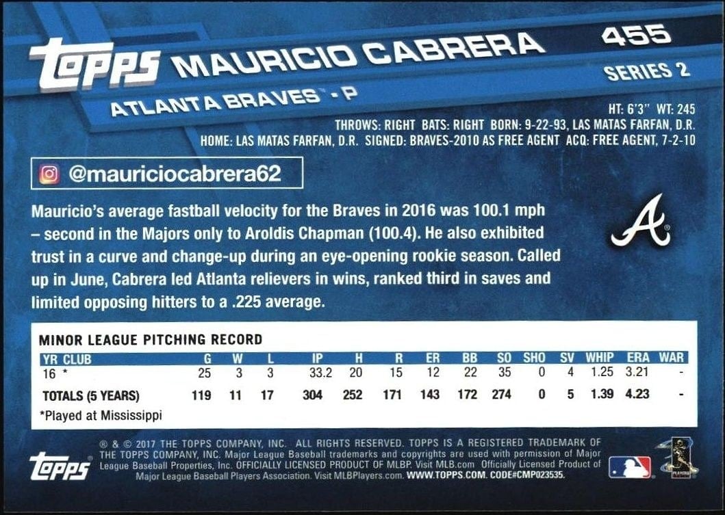 2017 Topps Series 2 Mauricio Cabrera #455 baseball trading card back