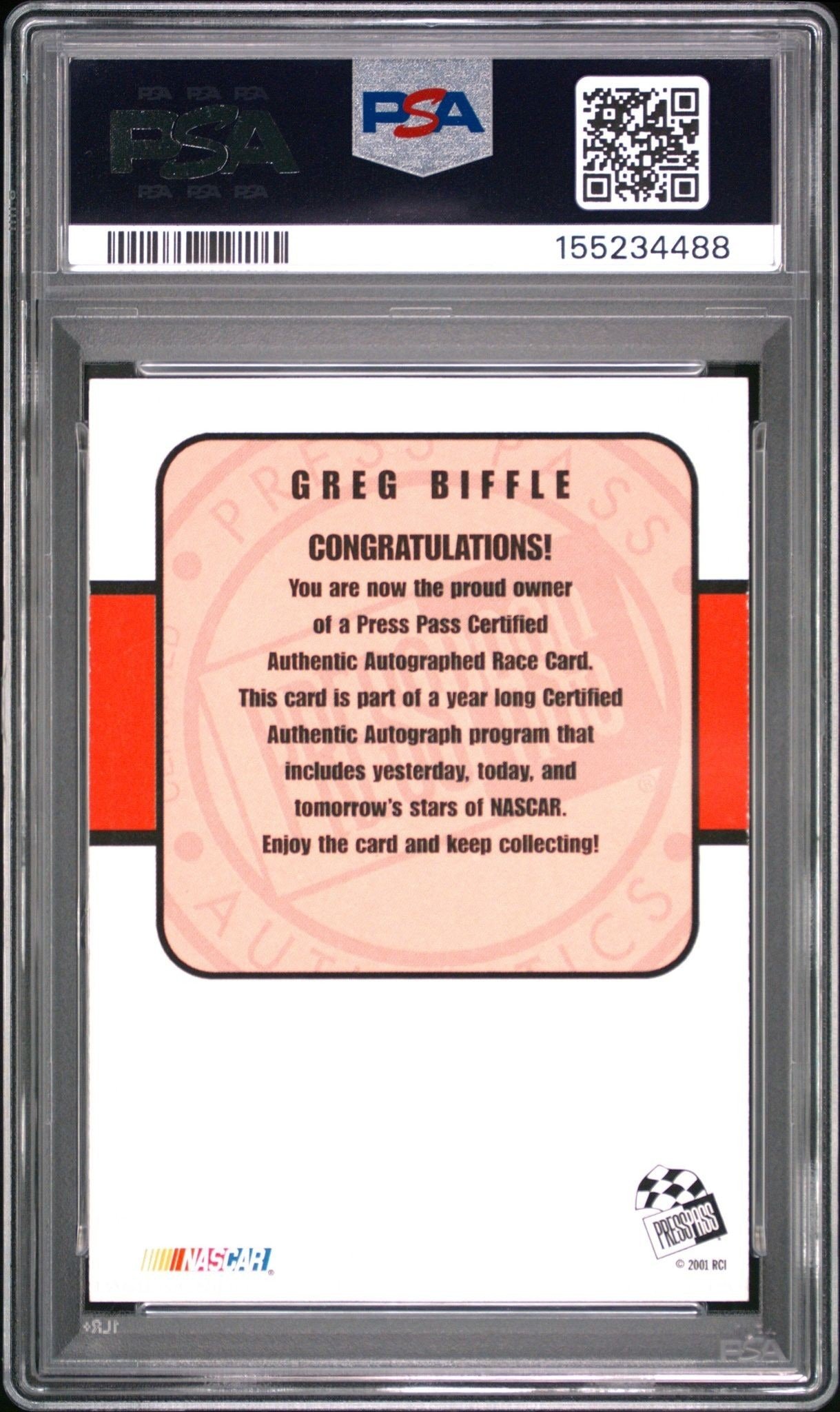2001 Press Pass Greg Biffle #NA racing trading card back