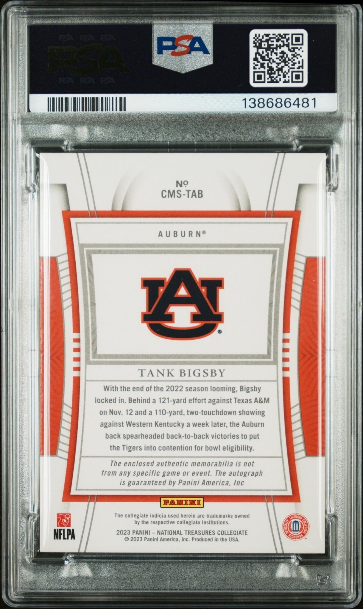 2023 Panini National Treasures Collegiate Tank Bigsby #CMS-TAB football trading card back