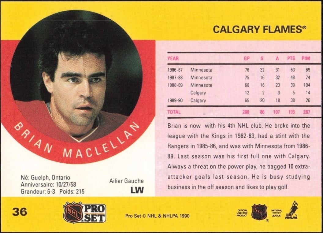 1990-91 Pro Set Brian MacLellan #36 hockey trading card back