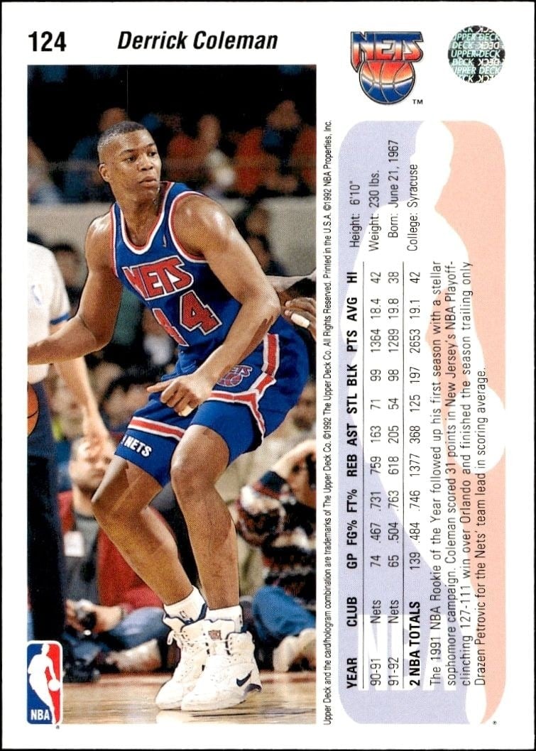1992-93 Upper Deck Derrick Coleman #124 basketball trading card back
