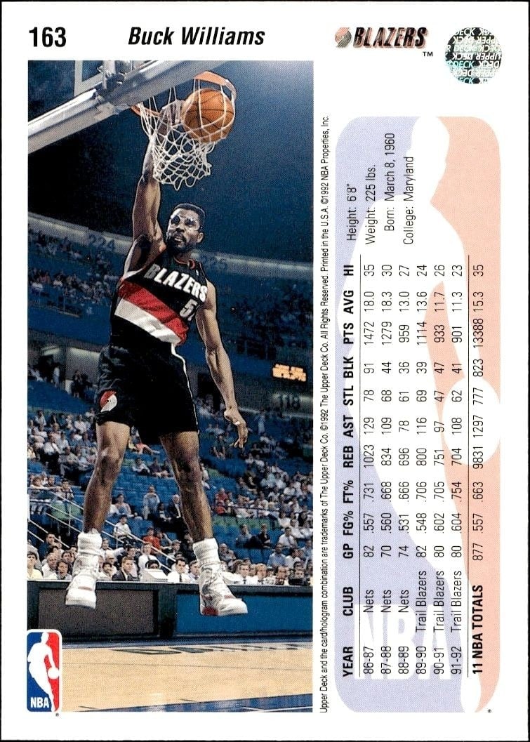 1992-93 Upper Deck Buck Williams #163 basketball trading card back