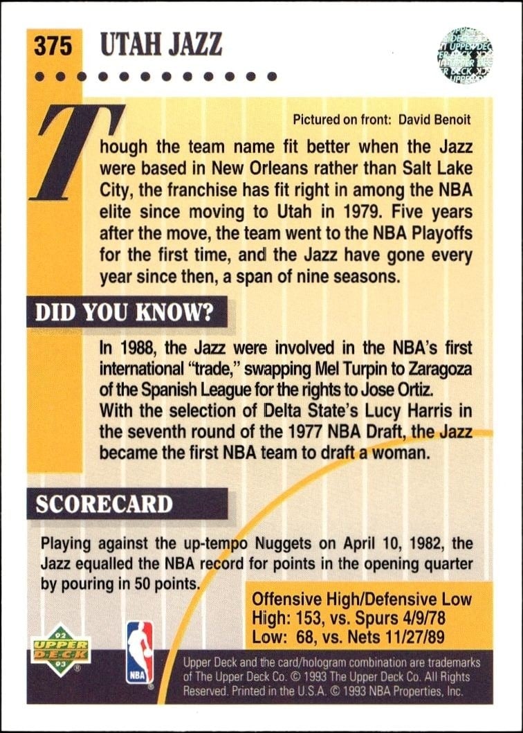 1992-93 Upper Deck Utah Jazz #375 basketball trading card back
