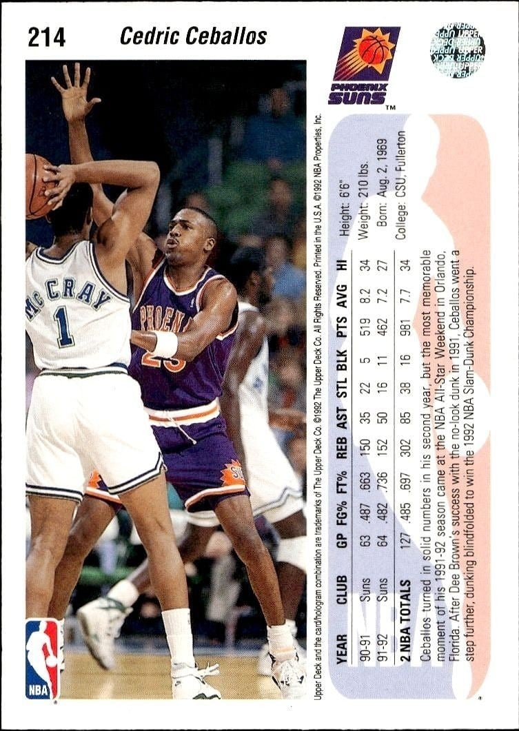 1992-93 Upper Deck Cedric Ceballos #214 basketball trading card back