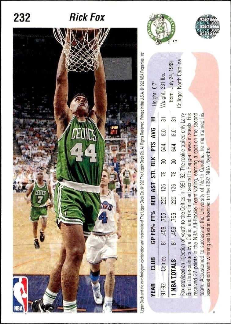 1992-93 Upper Deck Rick Fox #232 basketball trading card back