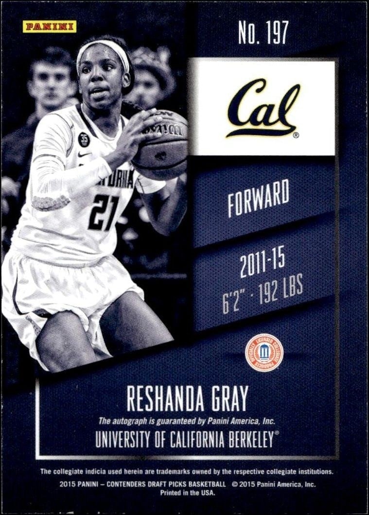 2015-16 Panini Contenders Draft Picks Reshanda Gray #197 basketball trading card back