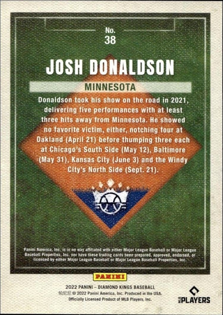 2022 Panini Diamond Kings Josh Donaldson #38 baseball trading card back