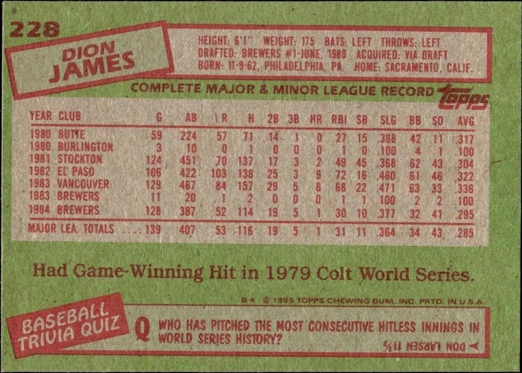 1985 Topps Dion James #228 baseball trading card back