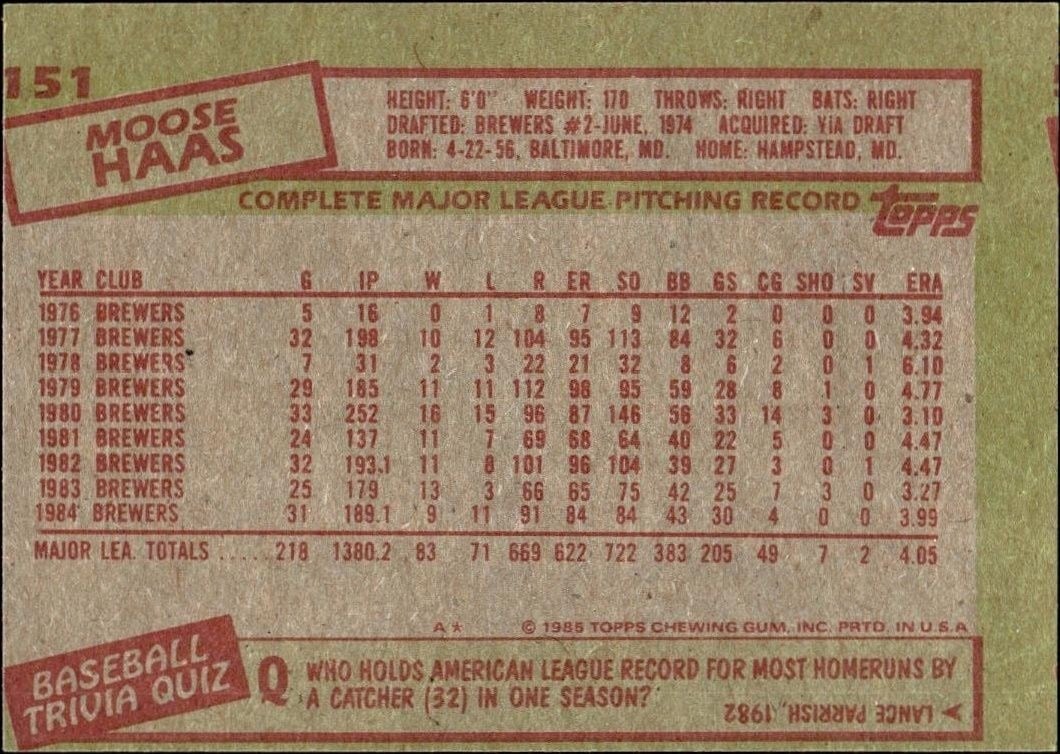1985 Topps Moose Haas #151 baseball trading card back