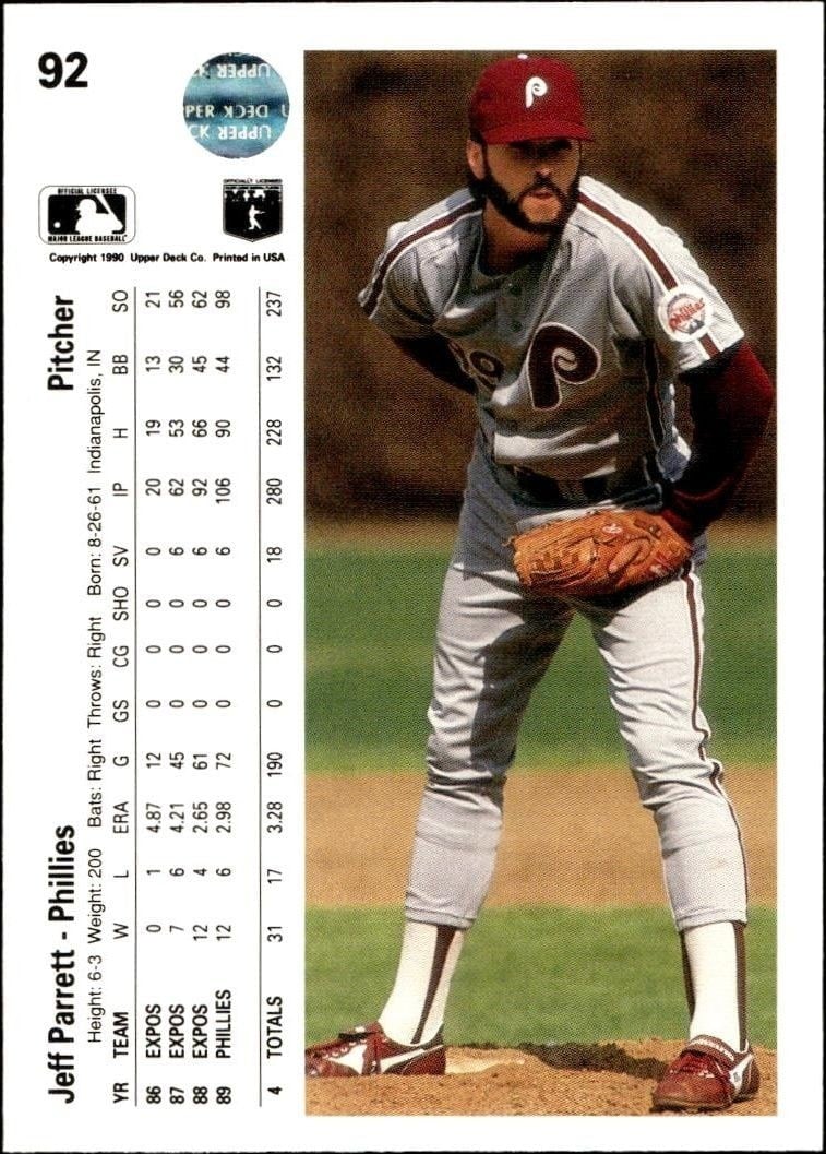1990 Upper Deck Jeff Parrett #92 baseball trading card back
