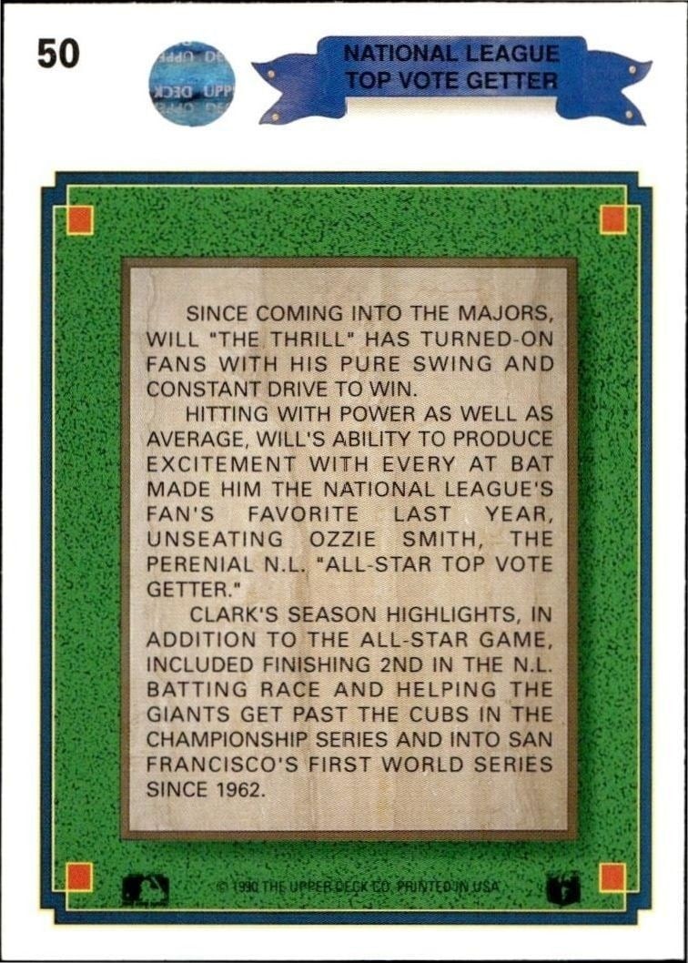 1990 Upper Deck Will Clark #50 baseball trading card back