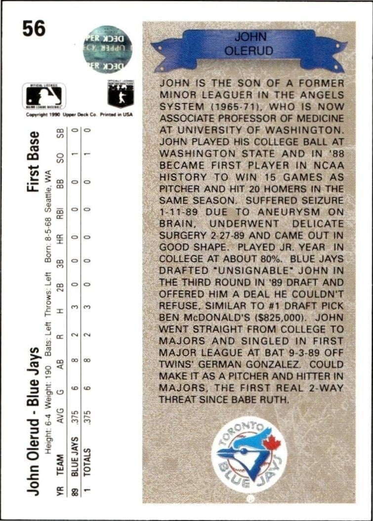 1990 Upper Deck John Olerud #56 baseball trading card back