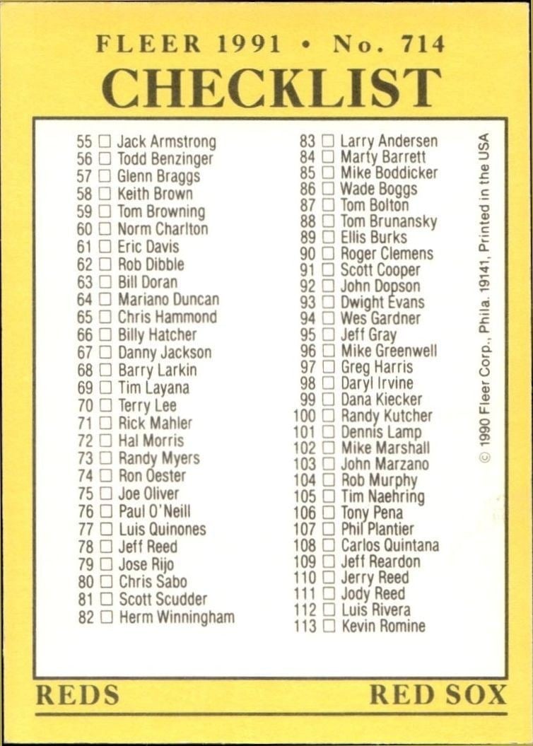 1991 Fleer Checklist #714 trading card