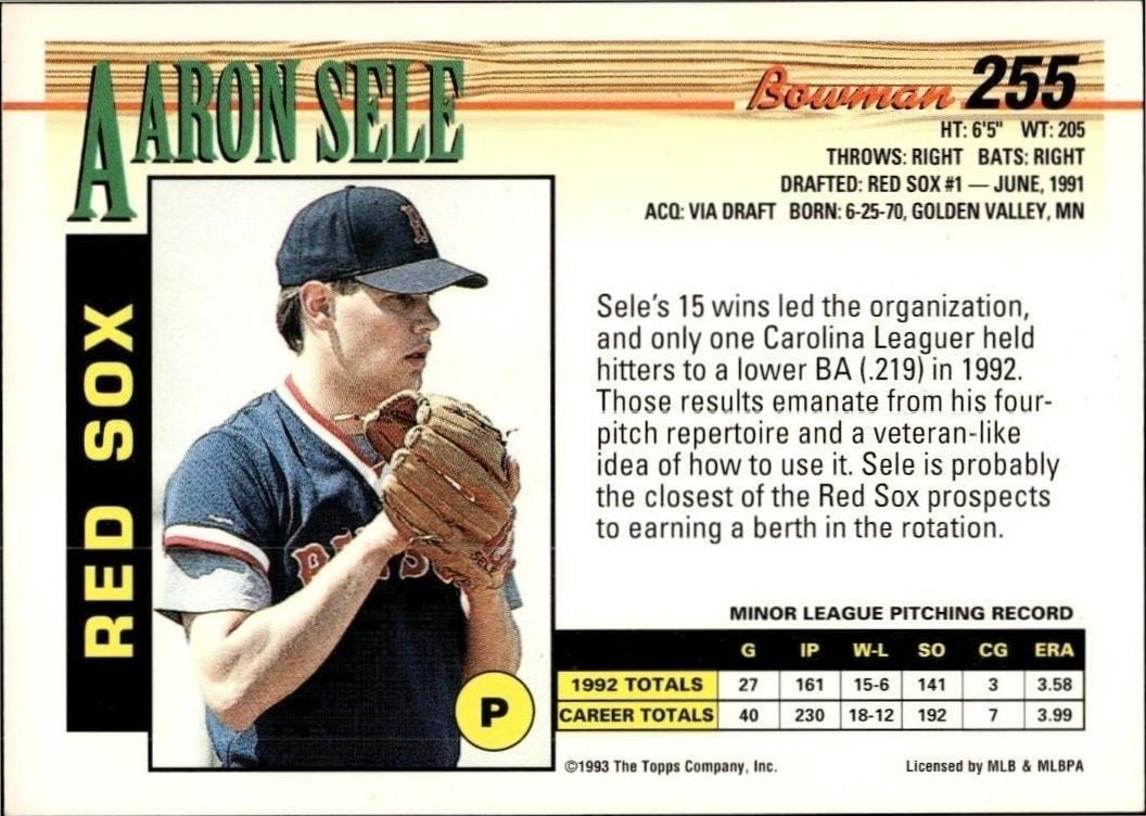 1993 Bowman Aaron Sele #255 baseball trading card back