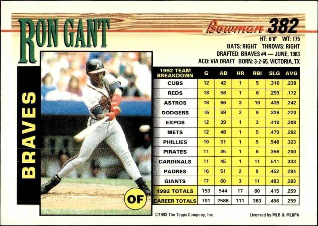 1993 Bowman Ron Gant #382 baseball trading card back